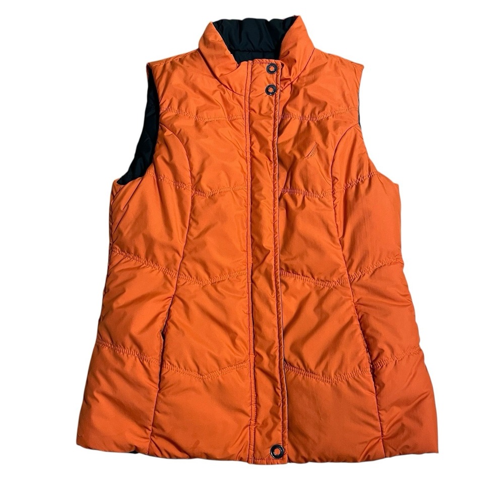 Nautica Youth Unisex Reversible Puffer Vest Orange Navy Full Zip Size M Utility - Picture 5 of 11